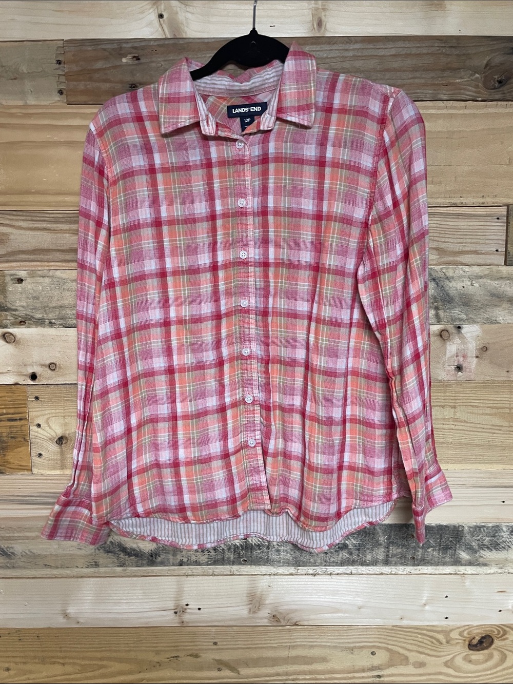 Lands' End size 12 Petite Button Down Pink, Red, Orange, White Plaid Shirt